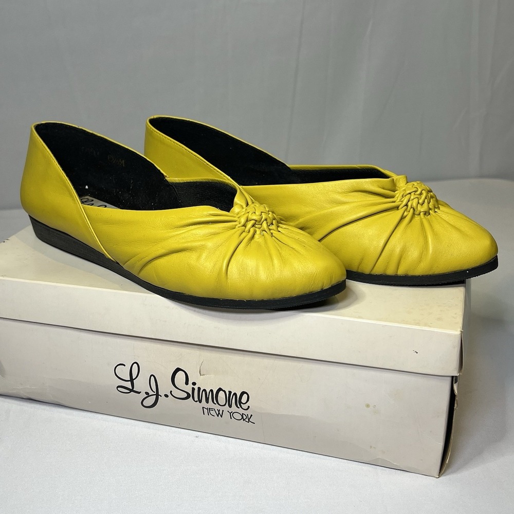 LJ Simone Vintage 6.5 Yellow‎ Pleated Leather Pointed Toe Flat Slip On Slipper